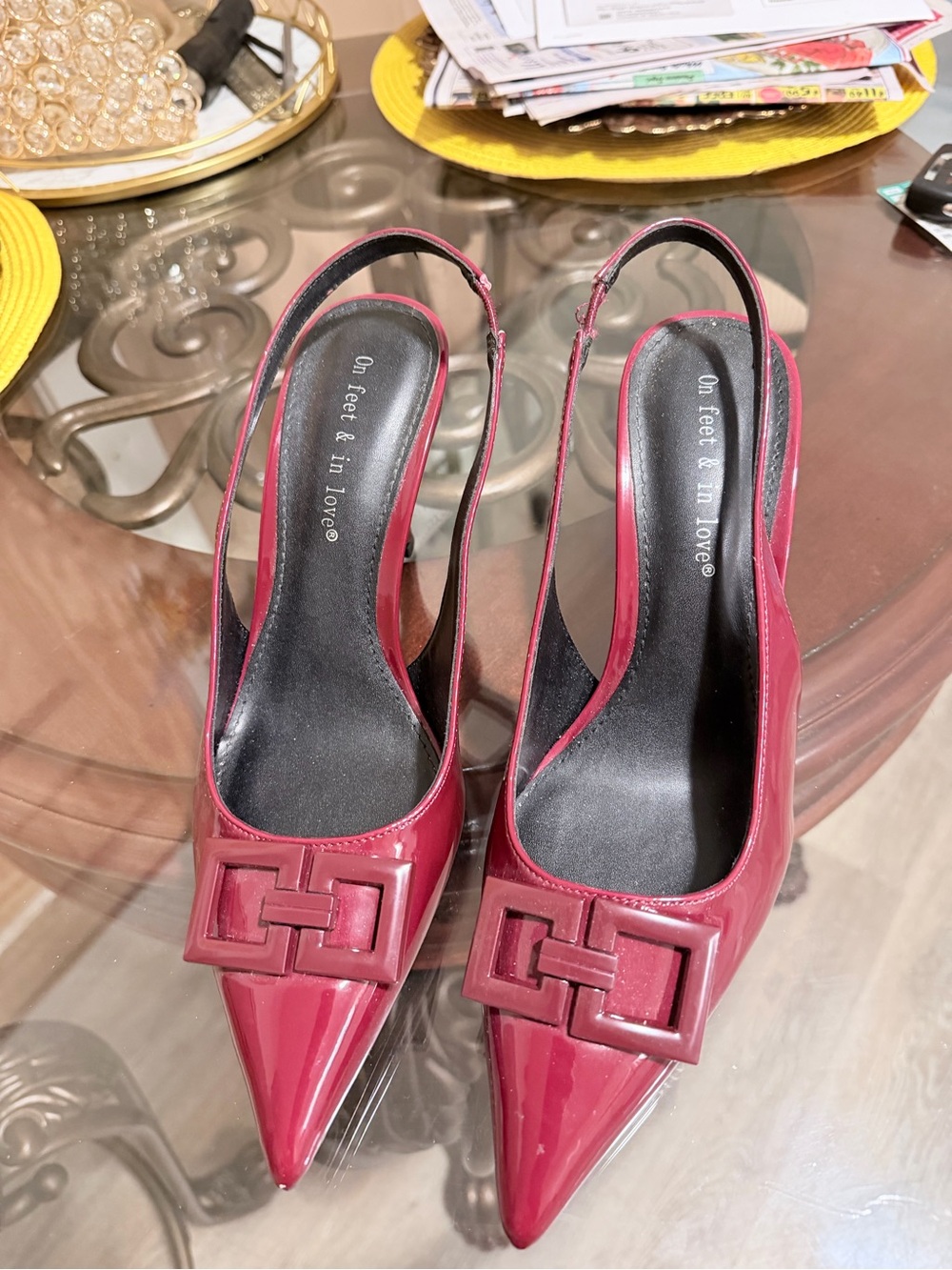 On Feet & In Love Women's Burgundy Patent Slingback Pumps